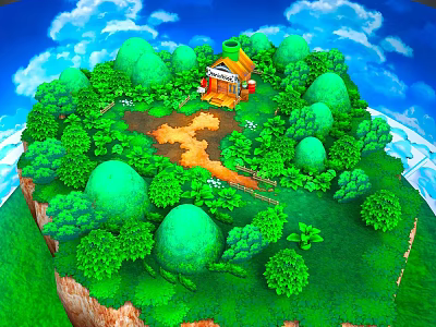 Scenic Floating Island with Lush Green Trees Orange Roof Cottage Blue Sky Clouds Central Path 3d model