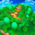 Scenic Floating Island with Lush Green Trees Orange Roof Cottage Blue Sky Clouds Central Path