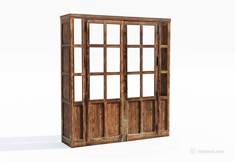 Vintage Wooden Double Doors With Detailed Glass Panes And Retro Style 3d model 