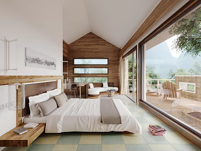 Modern Hotel Guest Room with Wooden Ceiling Large Windows Mountain View and Checkerboard Floor 3d model
