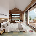 Modern Hotel Guest Room with Wooden Ceiling Large Windows Mountain View and Checkerboard Floor