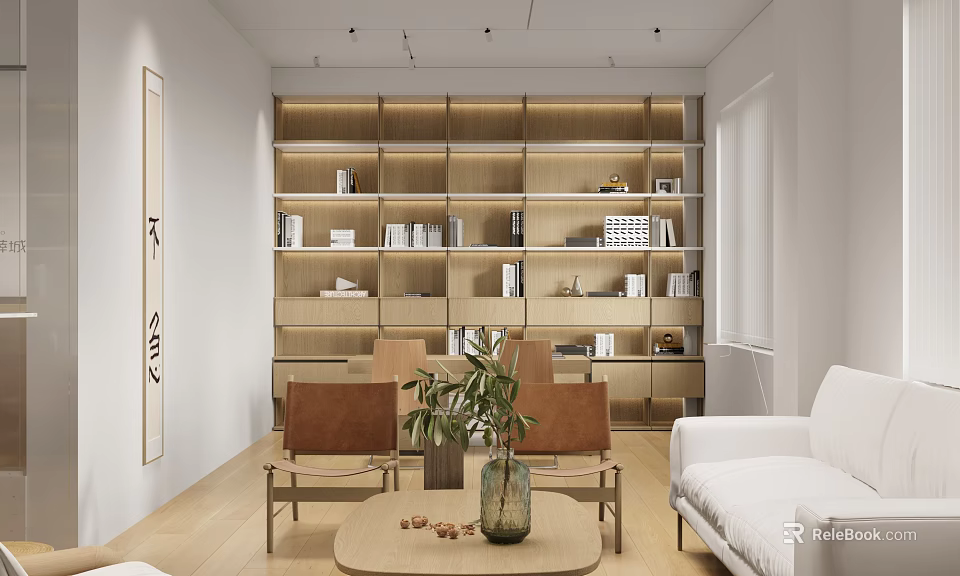 Minimalist Modern Leisure Area Interior With Wooden Bookshelves Brown Chairs White Sofa Round Coffee Table 3d model 