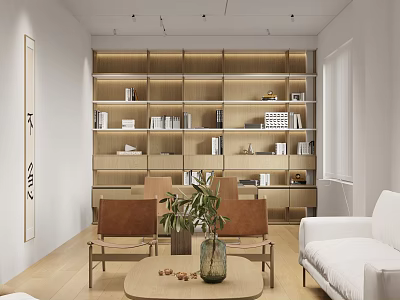 Minimalist Modern Leisure Area Interior With Wooden Bookshelves Brown Chairs White Sofa Round Coffee Table 3d model