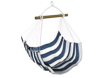 Blue And White Striped Hammock Chair With Wooden Hanging Rod And Canvas Fabric Design 3d model