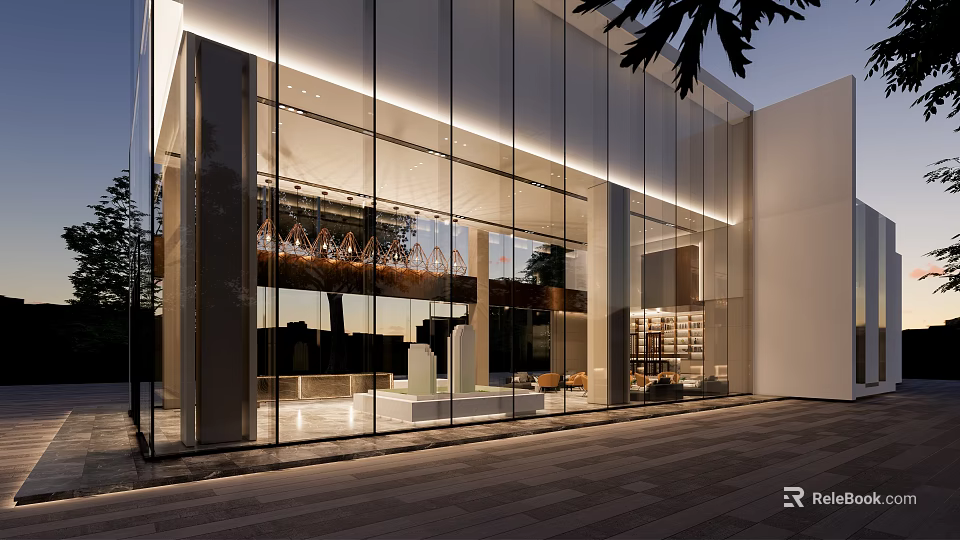 Modern Sales Office With Glass Facade Lighting And Spacious Showroom Interior Design 3d model 