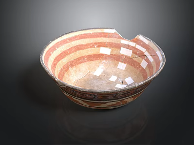 Ancient Handcrafted Sculpture Carving Bowl with Red Brown Stripes and Repaired Cracks 3d model