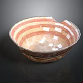 Ancient Handcrafted Sculpture Carving Bowl with Red Brown Stripes and Repaired Cracks