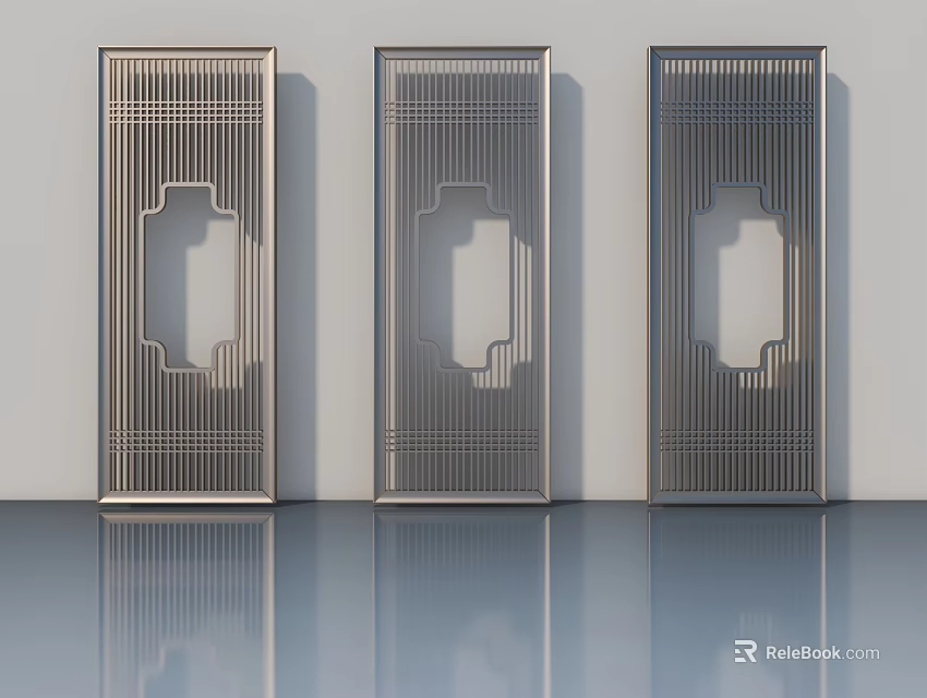 Modern Three Swing Doors With Geometric Patterns And Metal Frame Design 3d model