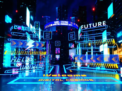 Vibrant Future Digital Era Entrance With Neon Lights And Illuminated Structures 3d model