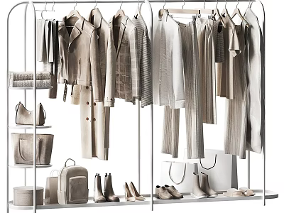 Neutral Toned Minimalist Hanging Clothes With Coats Pants Bags And Shoes 3d model