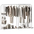 Neutral Toned Minimalist Hanging Clothes With Coats Pants Bags And Shoes