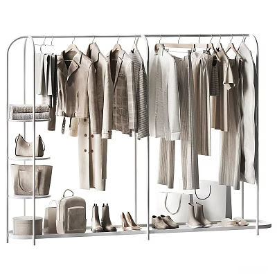Neutral Toned Minimalist Hanging Clothes With Coats Pants Bags And Shoes 3d model
