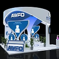 AWFO Exhibition Booth With Curved Top Blue Screen Display And Green Plants