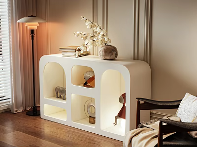 White Modern Entryway Console Cabinet With Open Shelves And Decorative Items In Cozy Interior 3d model