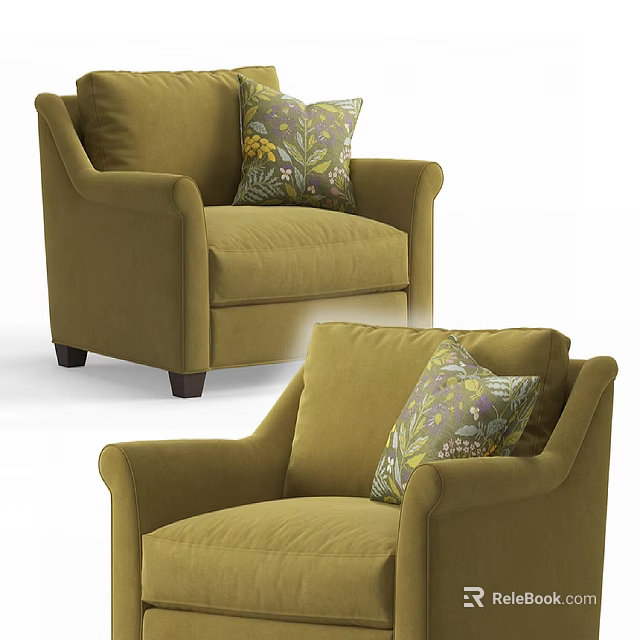 Olive Green Single Sofa With Armrests And Floral Decorative Pillow 3d model