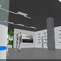 Modern High Tech Exhibition Hall With Screens Reception Desk And Lighting Design