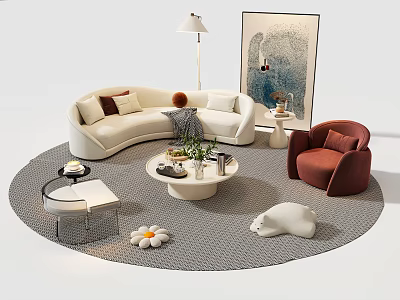Modern Curved Sofa Coffee Table Set with Accent Chair Pillows Floor Lamp and Wall Art 3d model
