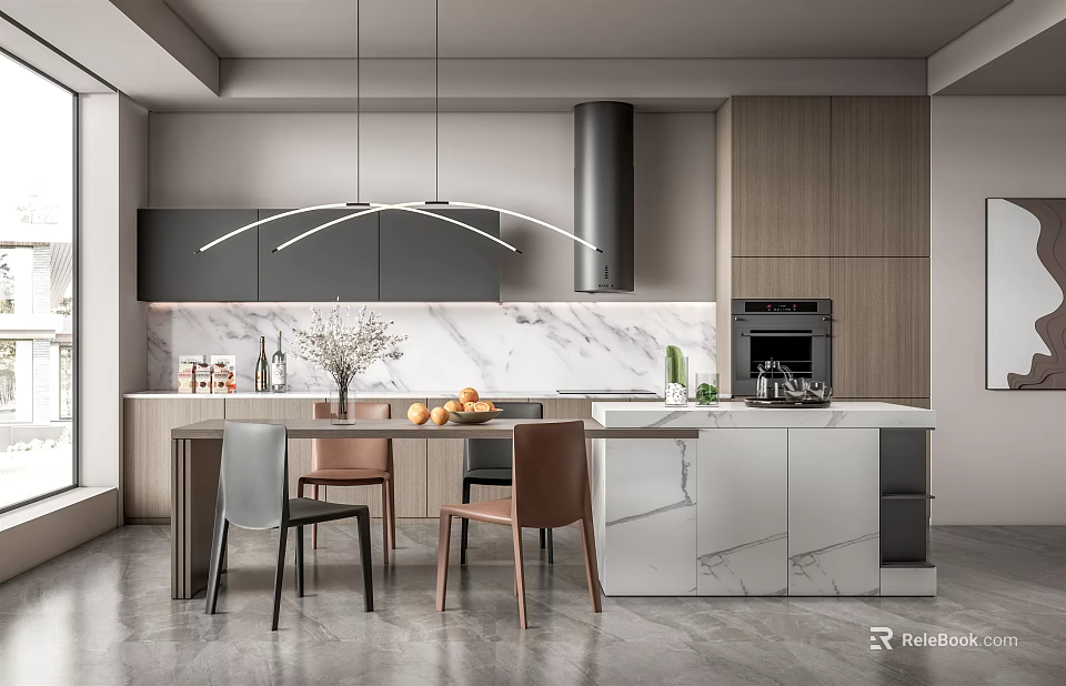 Elegant Modern Restaurant Interior With Marble Island Counter Cabinets Pendant Lights And Dining Chairs 3d model 