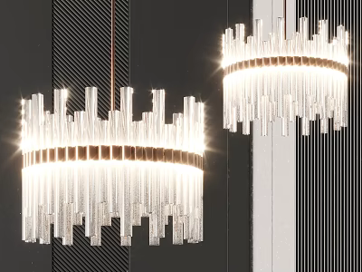 Modern Crystal Chandeliers With Long Crystal Strips And Metal Frame Illuminated In Interior 3d model