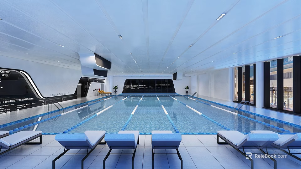 Modern Swimming Pool Area With Blue Lounge Chairs Spacious Interior And Glass Doors 3d model 