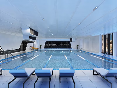 Modern Swimming Pool Area With Blue Lounge Chairs Spacious Interior And Glass Doors 3d model