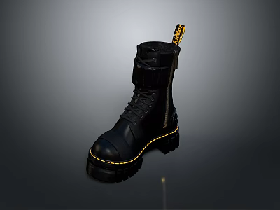 Stylish Black Leather Boots With Yellow Stitching Thick Sole Side Zip And Lace Up Design 3d model