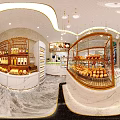 Modern Bright Dessert Shop Interior With Marble Display Counter And Glass Cases