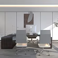 Modern Office Desk With Mac Computer White Chairs Decorative Painting And Floor Lamp