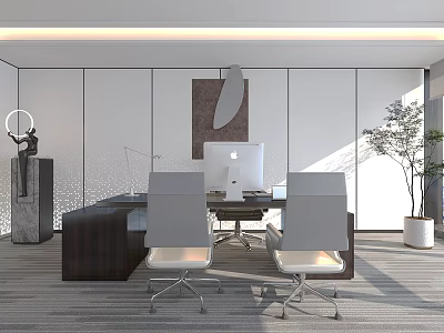 Modern Office Desk With Mac Computer White Chairs Decorative Painting And Floor Lamp 3d model