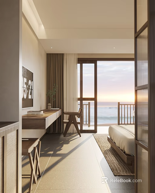 Serene Hotel Room with Sea View Balcony Floor-to-Ceiling Windows Bed and Wooden Desk 3d model 