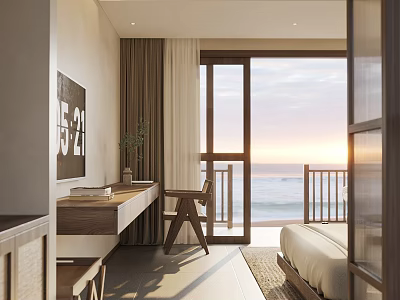 Serene Hotel Room with Sea View Balcony Floor-to-Ceiling Windows Bed and Wooden Desk 3d model