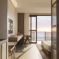 Serene Hotel Room with Sea View Balcony Floor-to-Ceiling Windows Bed and Wooden Desk