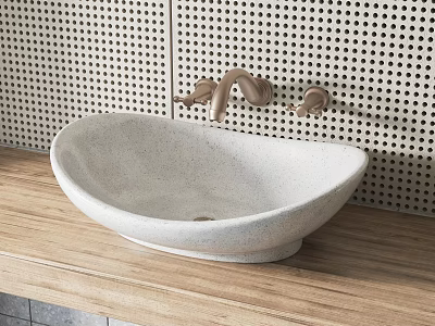 Oval White Stone Vessel Washbasin On Wooden Countertop With Perforated Wall And Gold Faucet 3d model