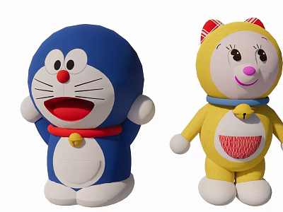 Anime Game Characters Blue And Yellow Cat Like Figures With Red Pink Noses Collar Bells 3d model