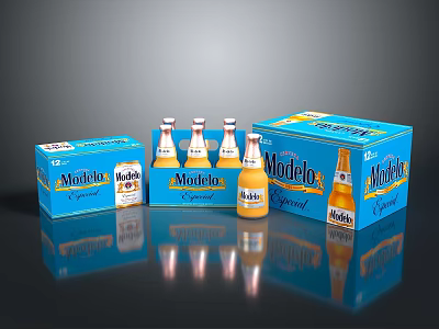 Display Of Modelo Special Beer Bottles And Blue Packaging Boxes On Reflective Surface 3d model
