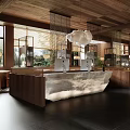 Rustic Restaurant Interior With Wooden Ceiling Hanging Lamps Wicker Chairs And Round Tables