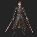 A Man In Black Robe With Golden Accents Holding Twin Swords Red Blades