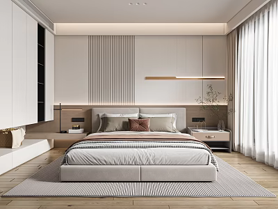 Modern Bedroom Interior Design With Comfortable Bed Built in Wardrobes And Decorative Pillows 3d model