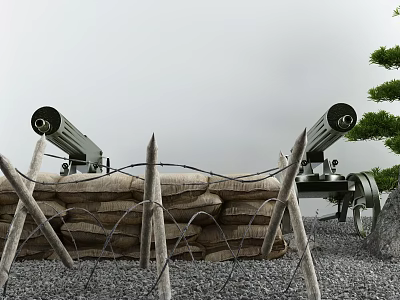 Creative Garden Ornaments Featuring Sandbags Barbed Wire And Decorative Cannons With Pine Trees 3d model