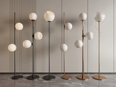 Modern Minimalist Floor Lamps With White Spherical Shades Black Gold Poles And Circular Bases 3d model