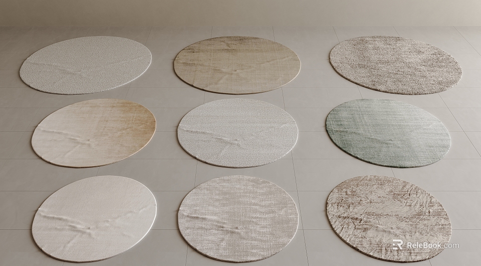 Various Round Rugs in Beige White Green Tones with Woven Textured Surfaces 3d model 