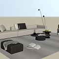 Modern Beige L Shaped Sofa and Round Coffee Table Set with Decorative Pillows Floor Lamp