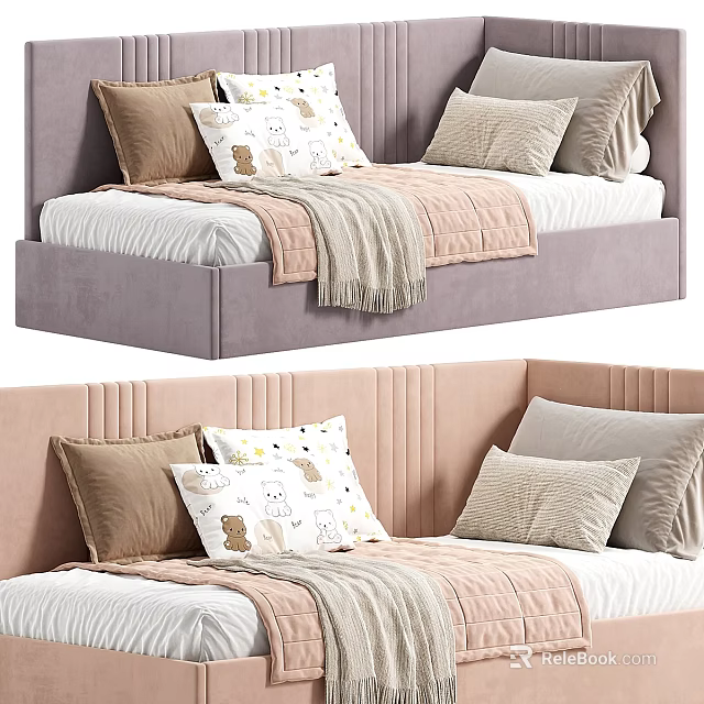 Kids Bed with Upholstered Headboard Gray Pink Plush Pillows Cartoon Bear Print Cozy Blanket 3d model 
