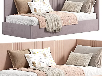 Kids Bed with Upholstered Headboard Gray Pink Plush Pillows Cartoon Bear Print Cozy Blanket 3d model