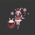 Playful Child In Red Outfit With Hat And Rabbit Shaped Toy And Flowers