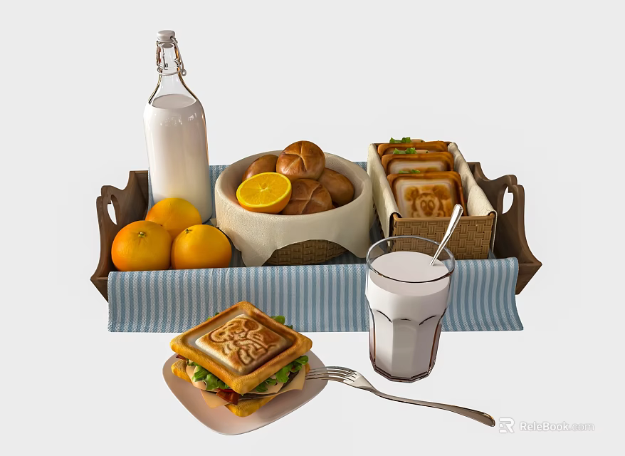 Delicious Breakfast Food Tray With Milk Bread Oranges Sandwich And Blue Striped Tablecloth 3d model 
