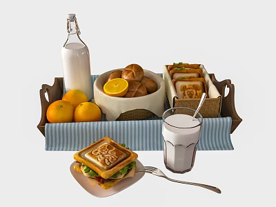 Delicious Breakfast Food Tray With Milk Bread Oranges Sandwich And Blue Striped Tablecloth 3d model