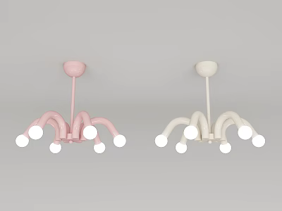 Modern Pink and White Chandeliers with Curved Arms and Spherical Bulbs 3d model
