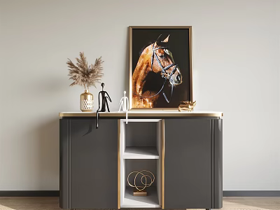 Dark Gray Console Table With Golden Trim Horse Painting And Decorative Items On Open Shelf 3d model