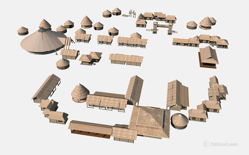 Traditional Thatched Houses Settlement Featuring Various Architectural Structures And Layouts 3d model 